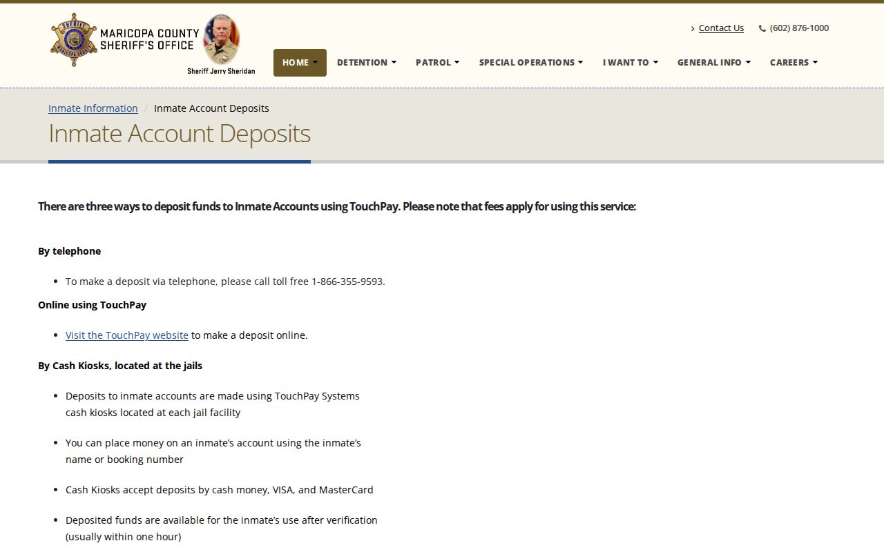 Maricopa County arrest booking support on the MCSO inmate account page