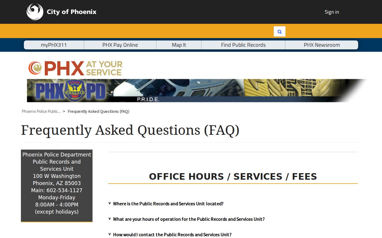 Maricopa County arrest record fees on the Phoenix Police records FAQ