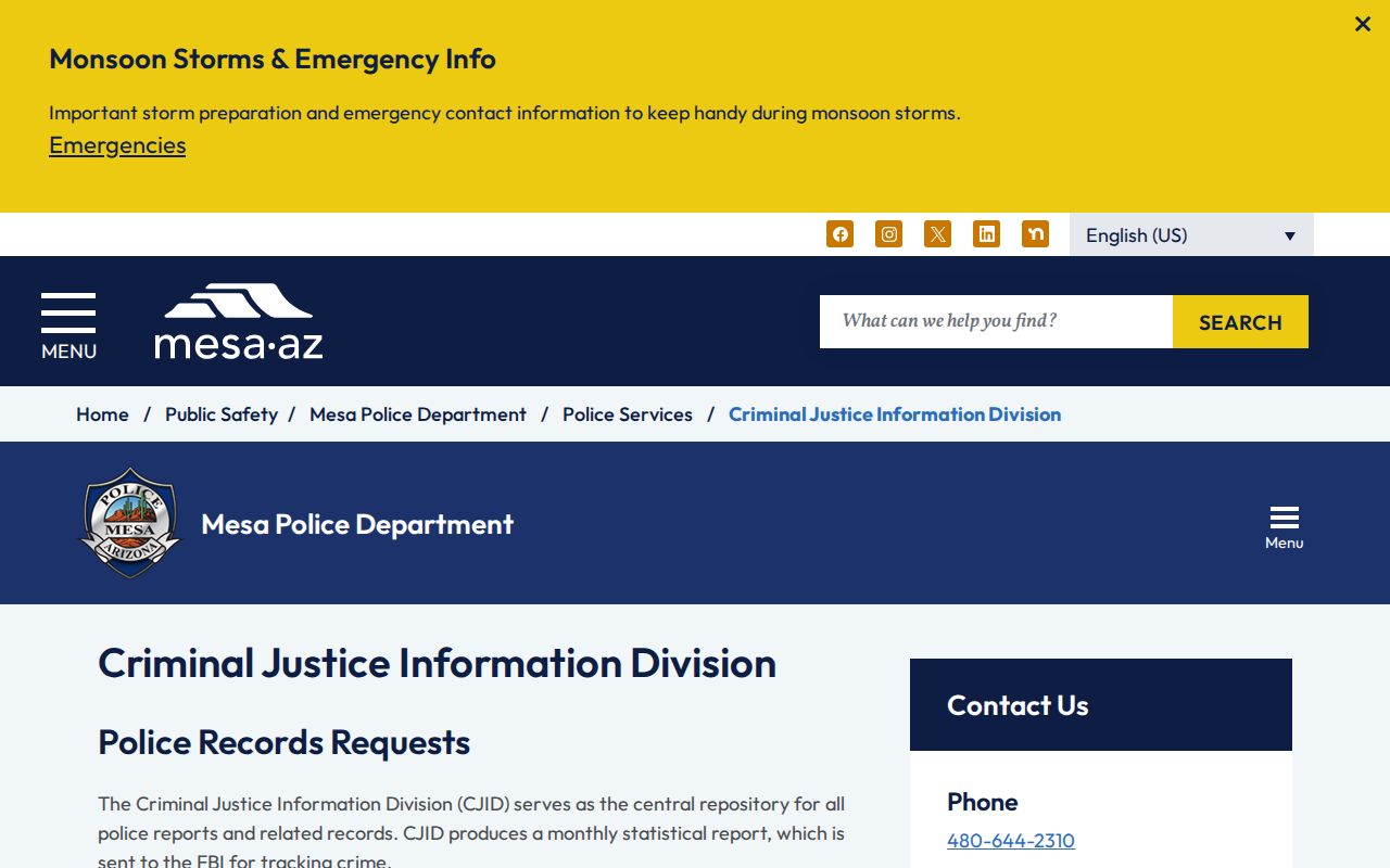 Maricopa County Mesa criminal records at the Police CJID