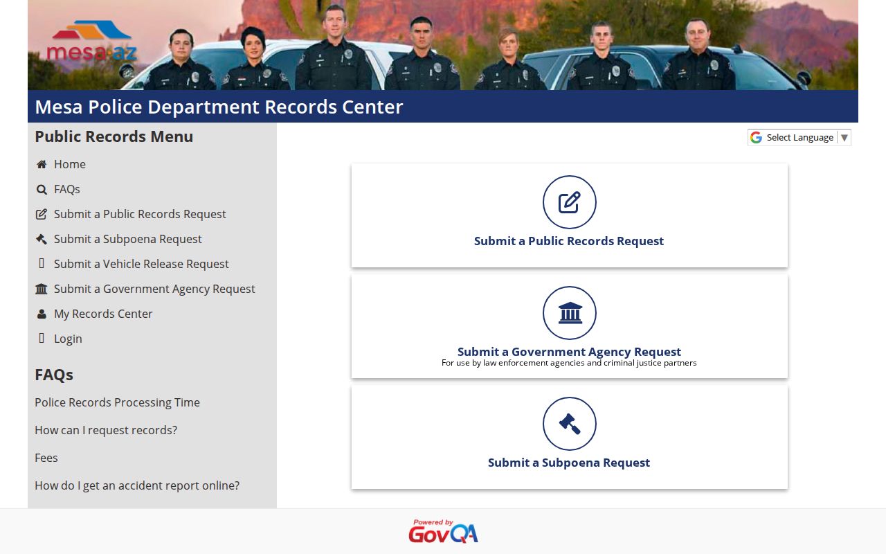 Maricopa County Mesa criminal record request options in GovQA