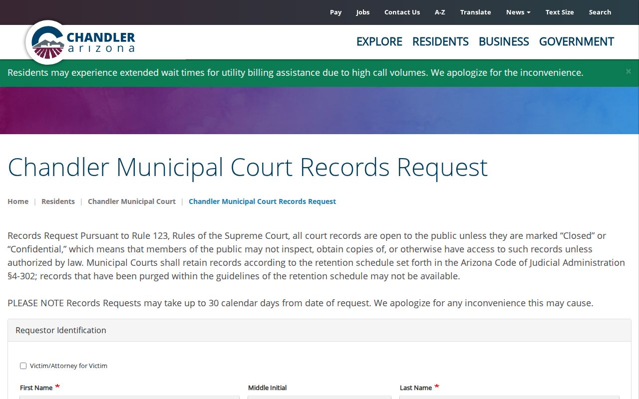 Maricopa County Chandler criminal court record request form