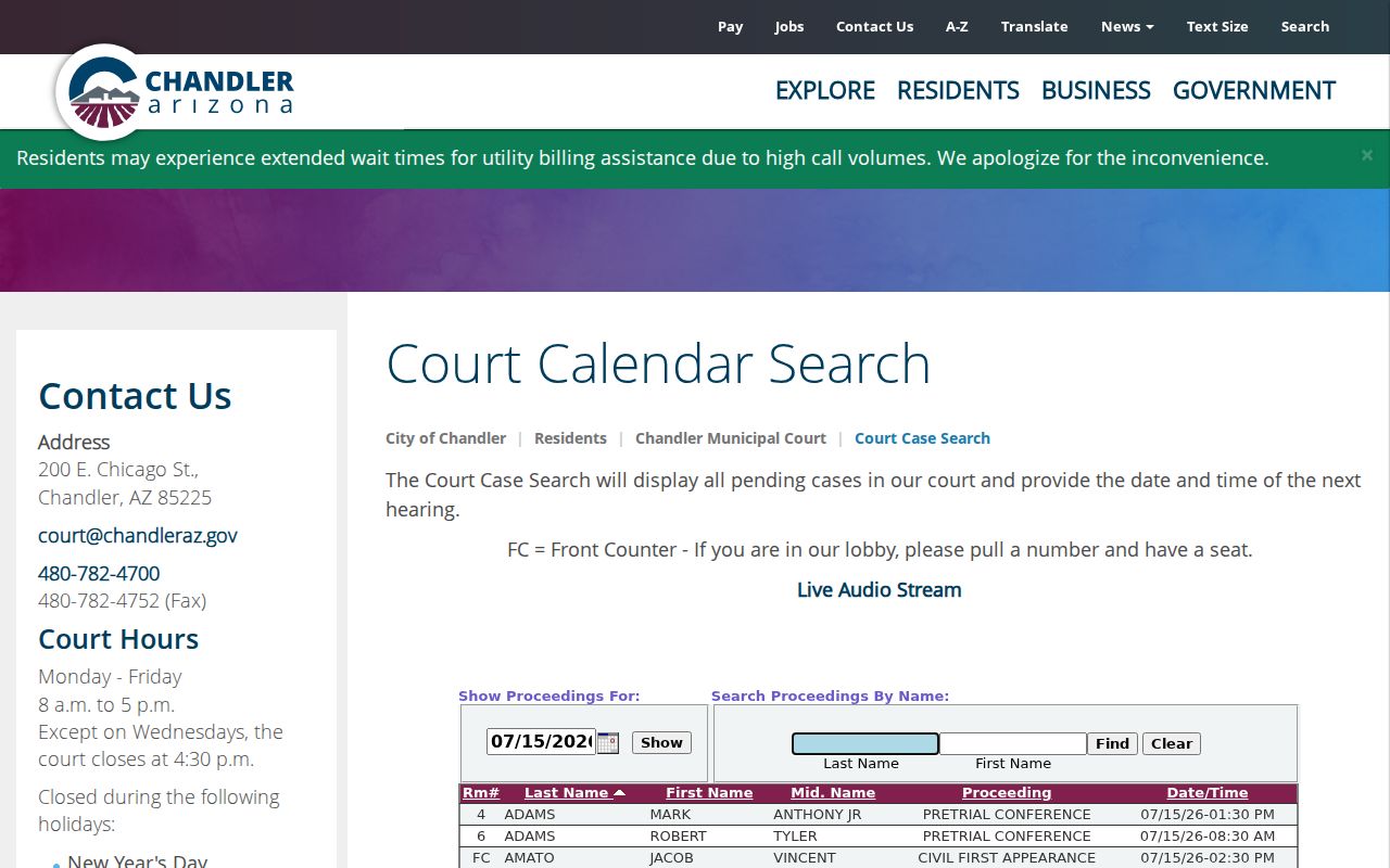 Maricopa County Chandler pending criminal court record calendar