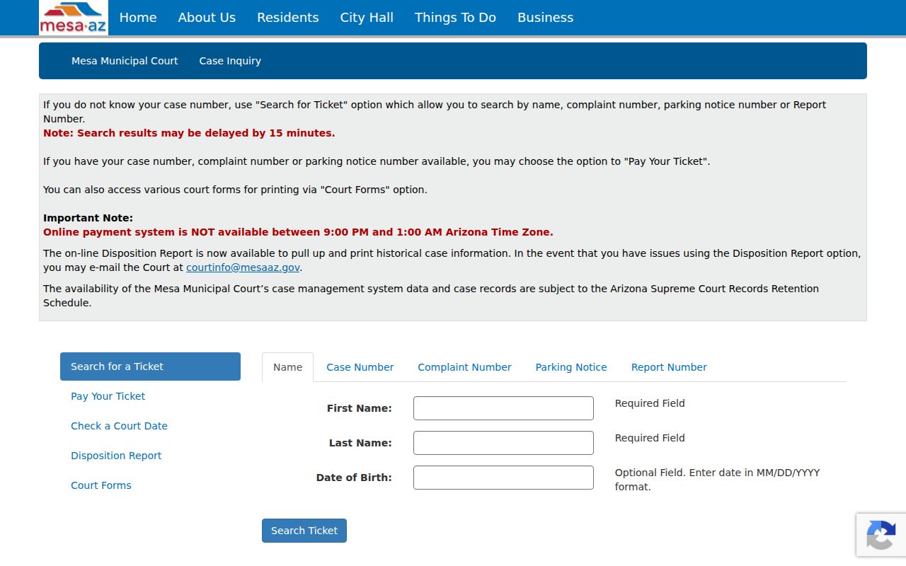 Maricopa County court case lookup using Mesa Municipal Court eCourt