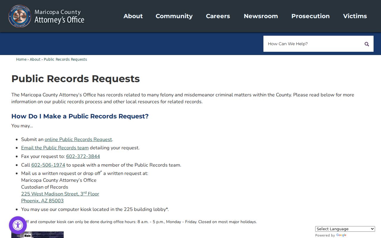 Maricopa County criminal prosecution records request page